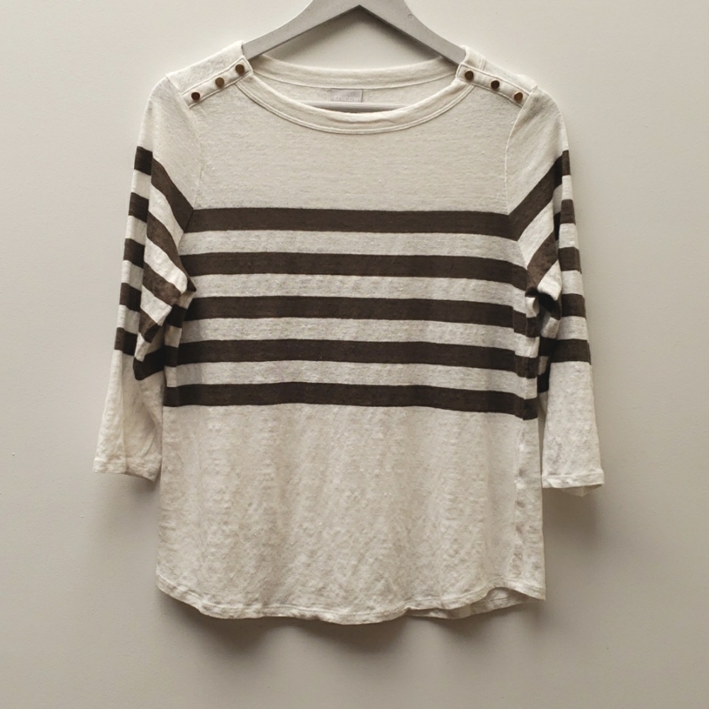 Chico's Striped Linen Knit Top Women's Size Medium in Tropic Olive